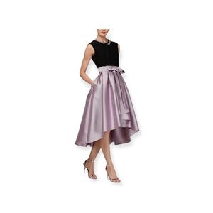 SLNY Tea length Pearl neck fit and flare dress in summer rose hi-low